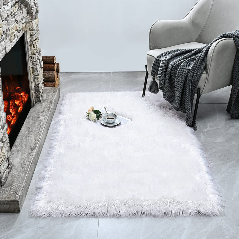 ISEAU Soft Faux Fur Fluffy Area Rug, Luxury Fuzzy Sheepskin Carpet Rugs for Bedroom Living Room, Shaggy Silky Plush Carpet Bedside Rug Floor Mat, 2ft x 3ft, White, Rectangular