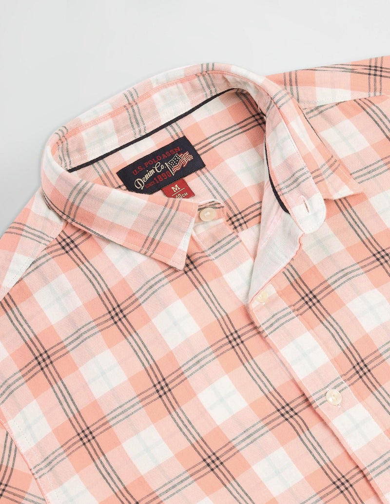 U.S. POLO ASSN. Men's Checkered Slim Fit Shirt (UDSHT0931_Peach