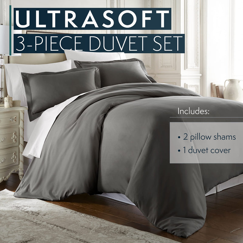 1500 Thread Count Egyptian Quality Duvet Cover Set, 3pc Luxury Soft, King-Gray