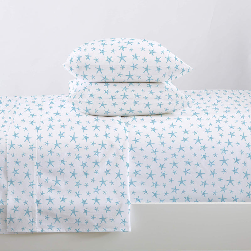 Great Bay Home Printed Coastal Microfiber Bed Sheets. Wrinkle Free, Deep Pockets, Beach Theme Sheet Set. Newport Collection (Full, Starfish - Blue)