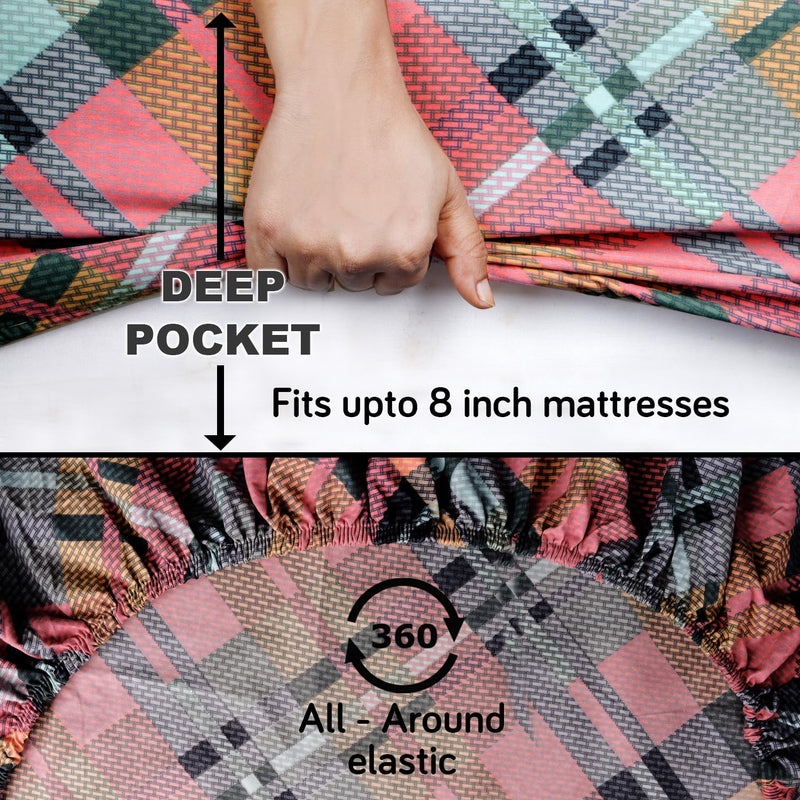 HOKIPO Cotton Feel Brushed Microfiber 145 GSM Printed Elastic Single Bed Fitted Bedsheet, 78x36 inches with 1 Pillow Cover, Argyle Multicolor (IN-774-D4)