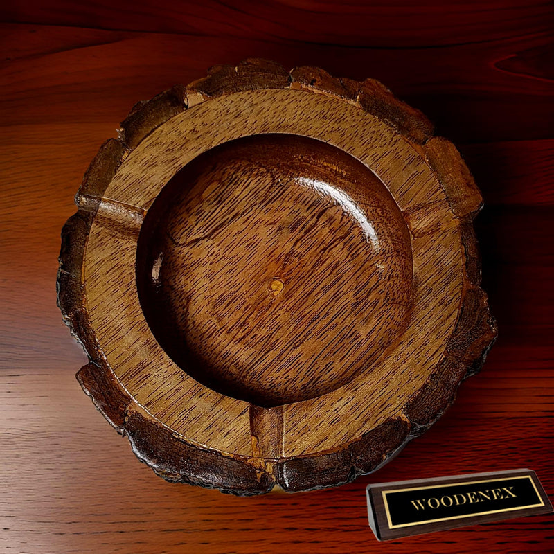 Woodenex Rustic Natural Wood Ashtray, Handcrafted Tree Trunk Decorative Ash tray, Dark Brown, Wooden Bark Natural Antique Ash catcher