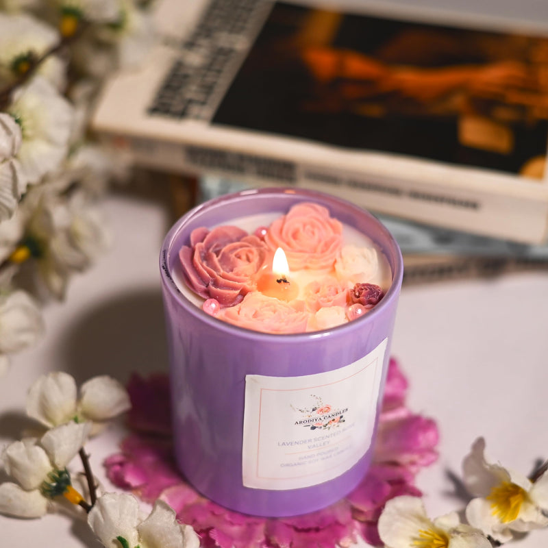 Arodiya Candles Lavender Scented Rose Valley Soy Wax Scented Candle for Women Men Wedding Birthday Christmas Gift Decorative Candle Aromatheraphy Candles Burn Upto 22 Hours (200 Gm)