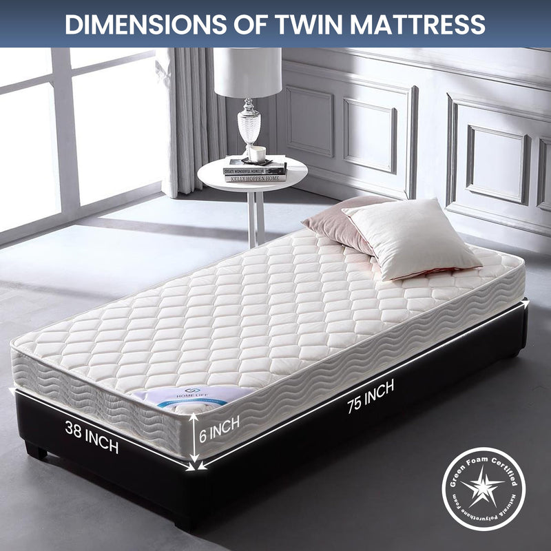 HomeLife 6 Inch Twin Mattress - Medium Firm Innerspring Support with Tight Top - Memory Foam & Polyester Cover – Lightweight - Easy Setup - Twin Mattress in a Box - White