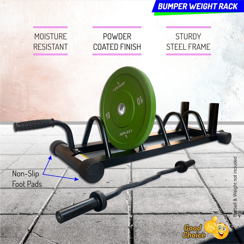 LEEWAY Olympic Bar and Bumper Weight Plates Storage Rack, Plate Stand and bar Holder, Weight Plate Rack with Barbell Holders, Weight Plate Organizer Compact Exercise Equipment Storage Rack