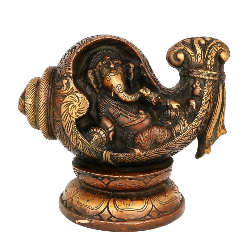 Collectible India Conch Ganesh Idol Relaxing Hindu God Statue Brass Sculpture Diwali Decor Gift