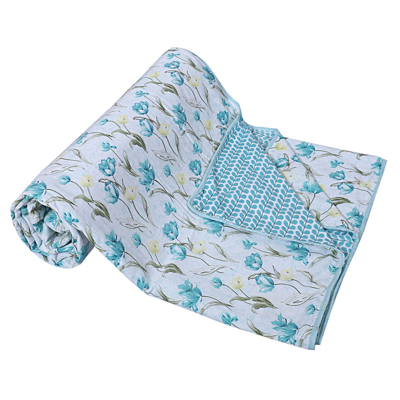 Kuber Industries Lightweight Tropical Plant Design Cotton Reversible Double Bed Dohar|AC Blanket for Home & Travelling (Sky Blue)