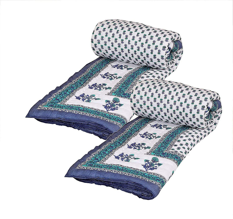 SVT Traditional Famous Jaipuri Beautiful Floral Print in White Blue& Green Jaipuri Rajai/Razai/Quilt Single/Single Bed Quilt/Comforter/AC Quilt/AC Comforter(Set of 2)