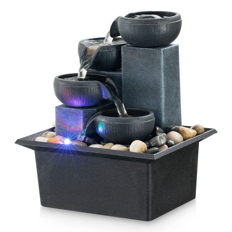 AMOOTEK Tabletop Fountain Indoor Mini Waterfall 4-Tier Relaxation Tabletop Fountain Small Indoor Fountain Meditation Fountain Includes Natural River Rocks and Multi-Coloured Lights (Premium Grey)