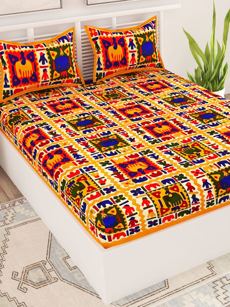 UniqChoice® Yellow Color Rajasthani Traditional Printed 120 TC 100% Cotton Double Bedsheet with 2 Pillow Cover