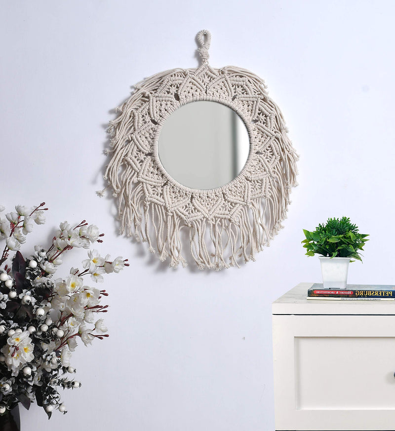 Sheen Decor Macrame Fringe Framed Round Wall Mirror, 20 x 20 cms