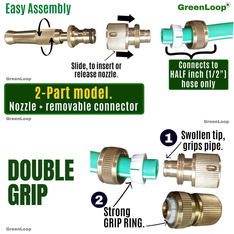 GreenLoop Solid-BRASS Water Spray Nozzle, Adjustable Spray, Connects to Hose, For Garden-Car-Pets-Window-Plants-Washing, Water Jet Spray, High Pressure (Brass, 1 Nozzle+ Removable Connector)