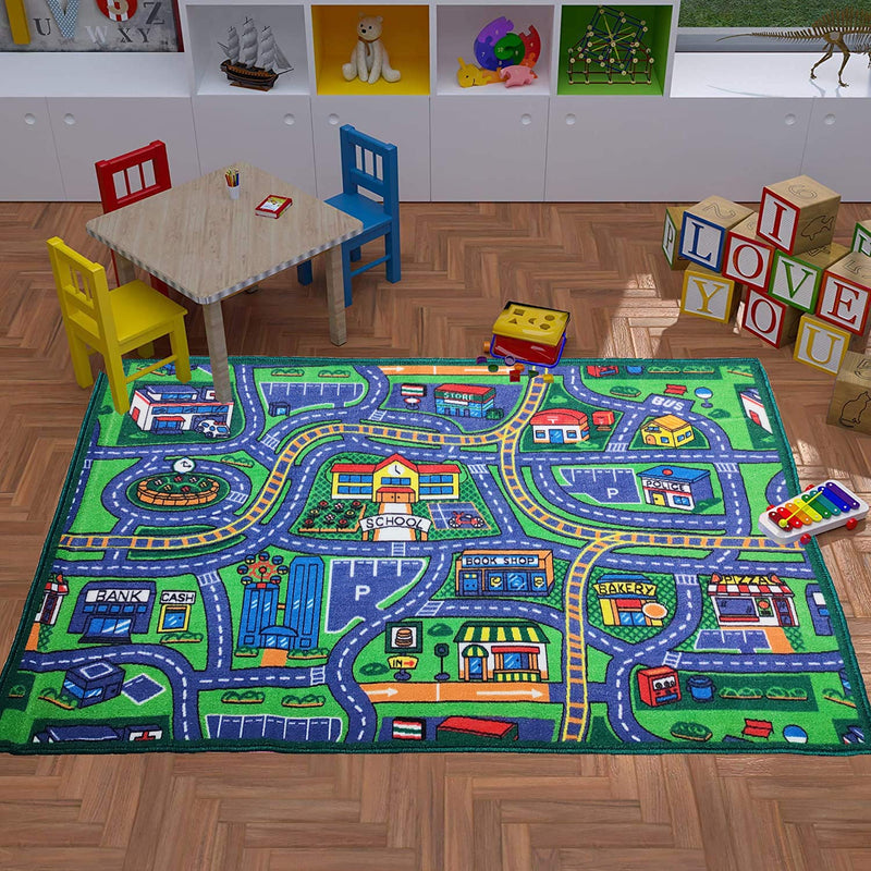 Status Contract Kids Nylon Play Crawl Floor Anti Skid Rug, Children's Educational, Map, Road Traffic System, Activity for Playing with Toy, Car, Trucks (3 X 5 Feet, Multicolour), Large Rectangle