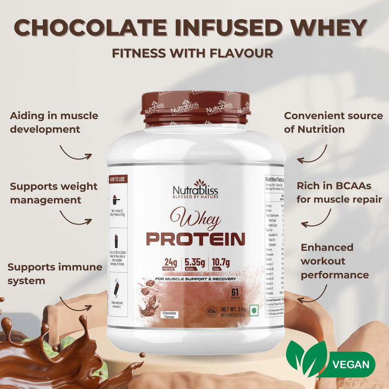 Nutrabliss Premium Pure Whey Protein Concentrated blended with digestive enzymes and probiotics | 100% tested and guaranteed Whey Protein - 24 Gram Protein per serving (Chocolate, 2 Kg)