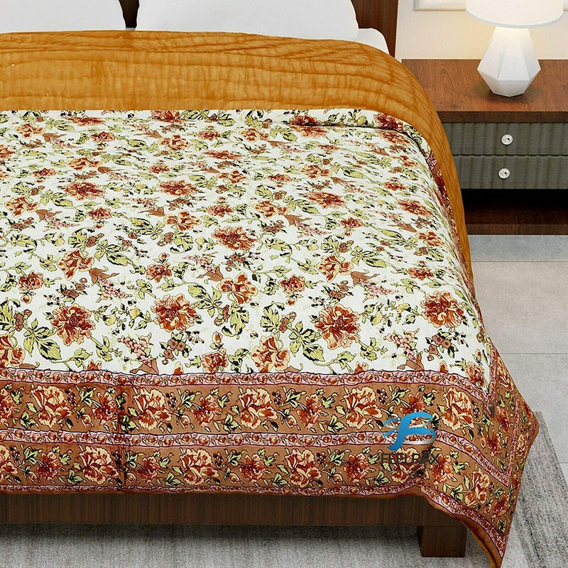 Woodsy Jaipuri Razai Rajasthani Traditional Double Bed Bedding Beige Flower Printed Pure Cotton Soft Light Weight Winter and Summer Rajai Ac Quilt Razai/Rajai/Quilt/Blanket/Dohar Blanket King Size