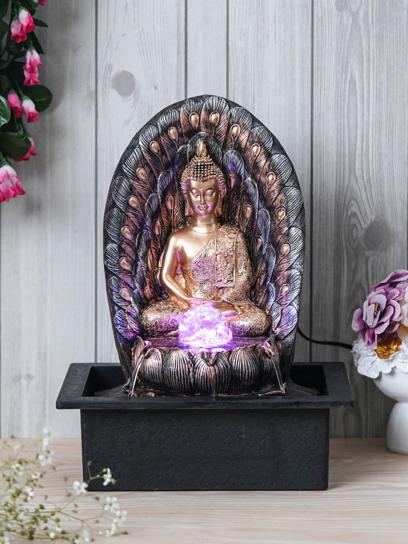 CHRONIKLE Polyresin Elegant Buddha Tabletop Indoor Waterfall Fountain for Home Office Decor with LED Light Water Flow Control Pump (CW WF GB 11608)