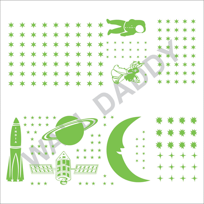 WallDaddy Vinyl Fluorescent Night Glow In The Dark Star Space Wall Self-Adhesive Sticker (Pack Of 134 Stars Big And Small, Green, 12)