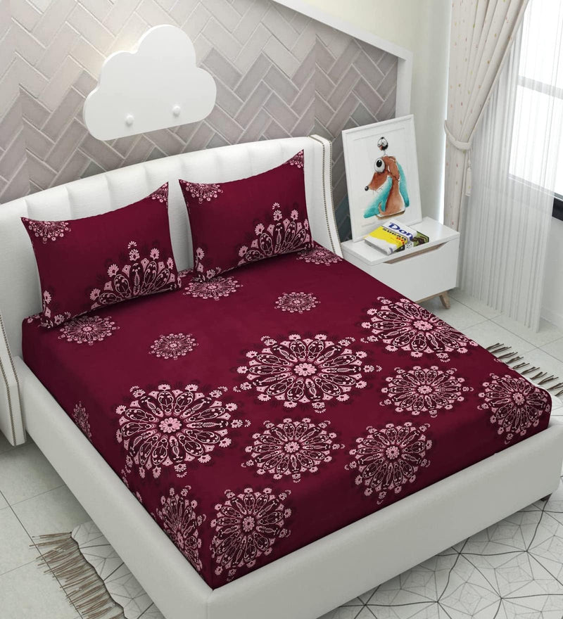 YaAkholic Cotton Feel All Around Elastic Fitted Queen Size Double Bed Bedsheet with 2 Large Pillow Covers Fits Upto Mattress of 8 Inches, Size-72"x78" Inches, Wine Floral, 180-200 tc