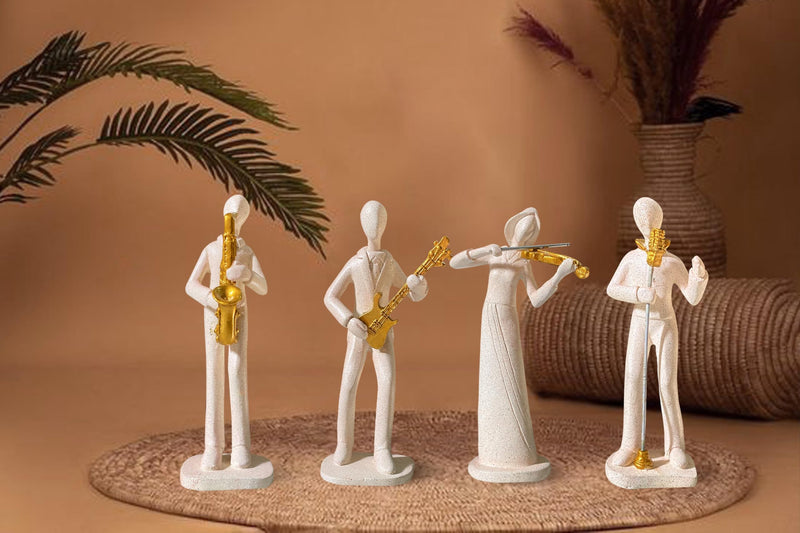 Xtore Stylish Stone Finish Musician Male & Female Statue for Home Decor (Pack of 4, White)