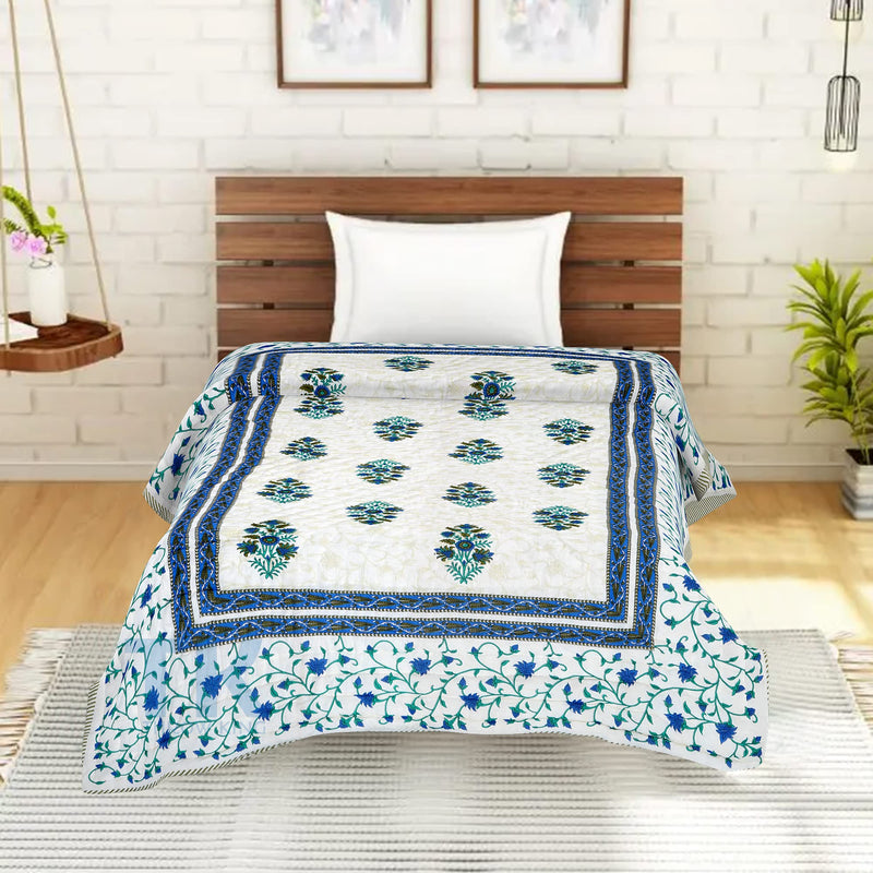 THROW KING Rajasthani Traditional Reversible Soft Light Weight Pure Cotton Winter and Summer Single Bed Jaipuri Quilt/AC Razai/Rajai/Quilt/Blanket/Dohar/Comforter (Blue)