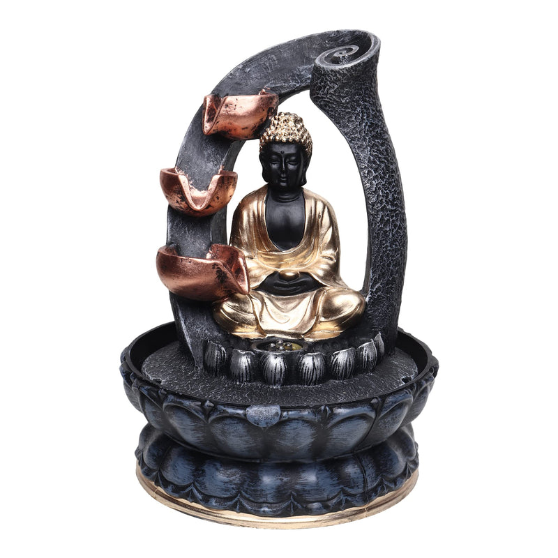 SPLICE Resin Buddha Water Fountain with LED Light 3-Tier Indoor Water Fountain for Home and Office Decoration Showpiece