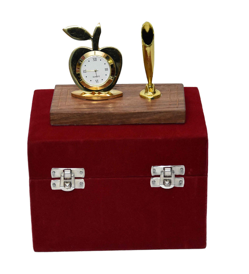 Msa Jewels Gold Plated Table Clock and Pen Holder with Red Velvet Box -Ideal Gift for Loved Ones