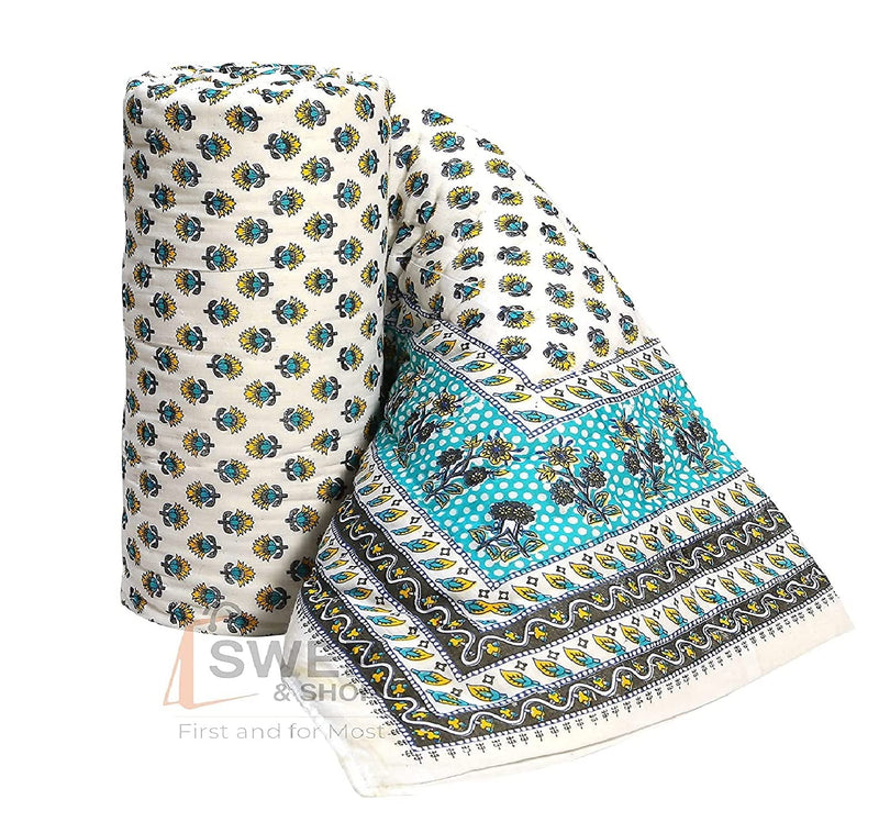 SIBLEY Traditional Jaipuri Soft Light Weight Pure Cotton Jaipuri Print Razai/Quilt/Blanket/Razai for All (88X55 Inches, Green-Yellow)- Pack of 2