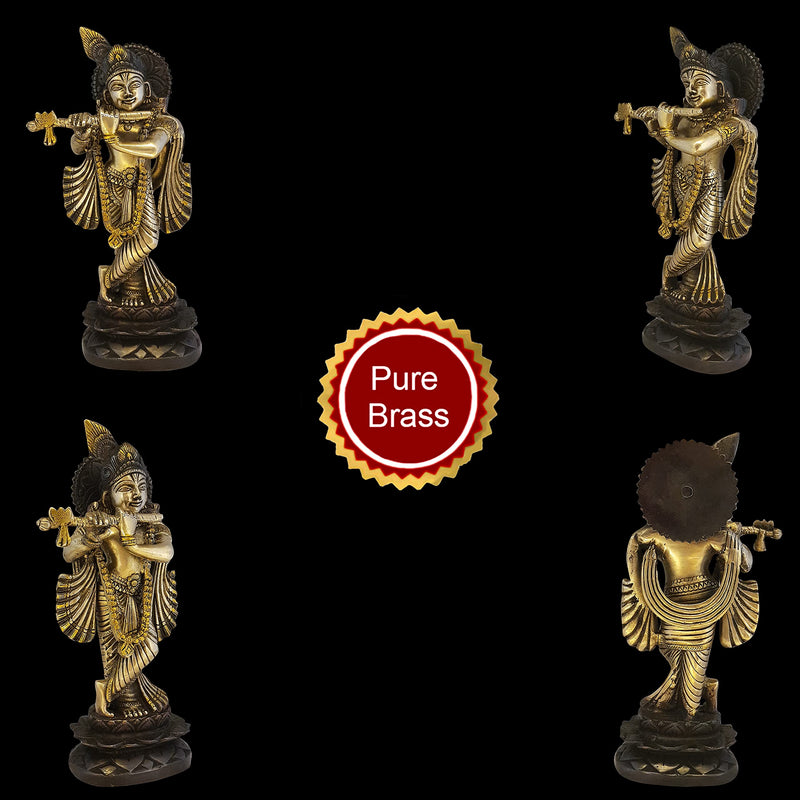 Divya Mantra Krishna Playing Flute Brass Statue Janmashtami Murti Kanha Bansuri Idol Bhagwan Sri Thakur ji Home Decor Mandir God Brass Decorative Showpiece Lord Pooja Beautiful Statues - Brown