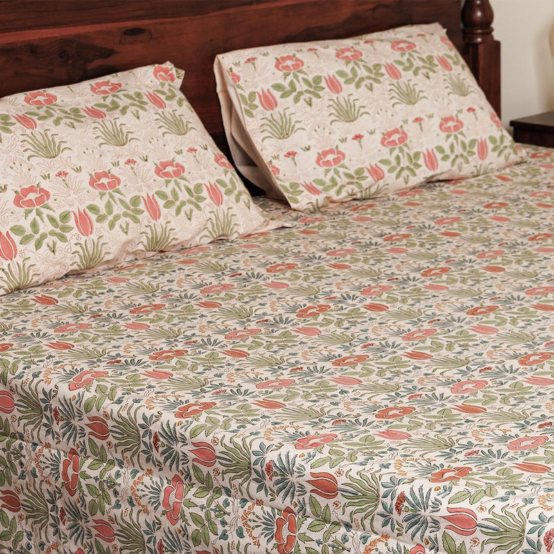 Baarno BagheBahisht Handblock Print Bedsheet with 2 Pillow Covers Percale Cotton | 220 TC | Double bedsheet (90 * 108inches) | Color - Peach