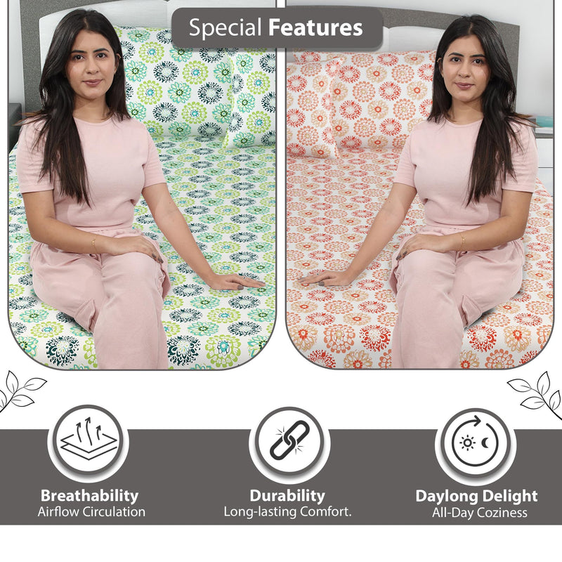 Divine Casa 144 TC Floral Printed 100% Cotton Set of 2 Combo Single Bedsheet with 2 Pillow Cover - 145 x 223 CM