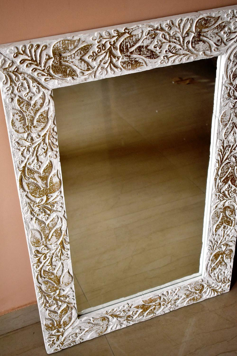 Bapna Monica Hand Carved Wood Wall Mirror Frame (Silver, 60x40 cm)