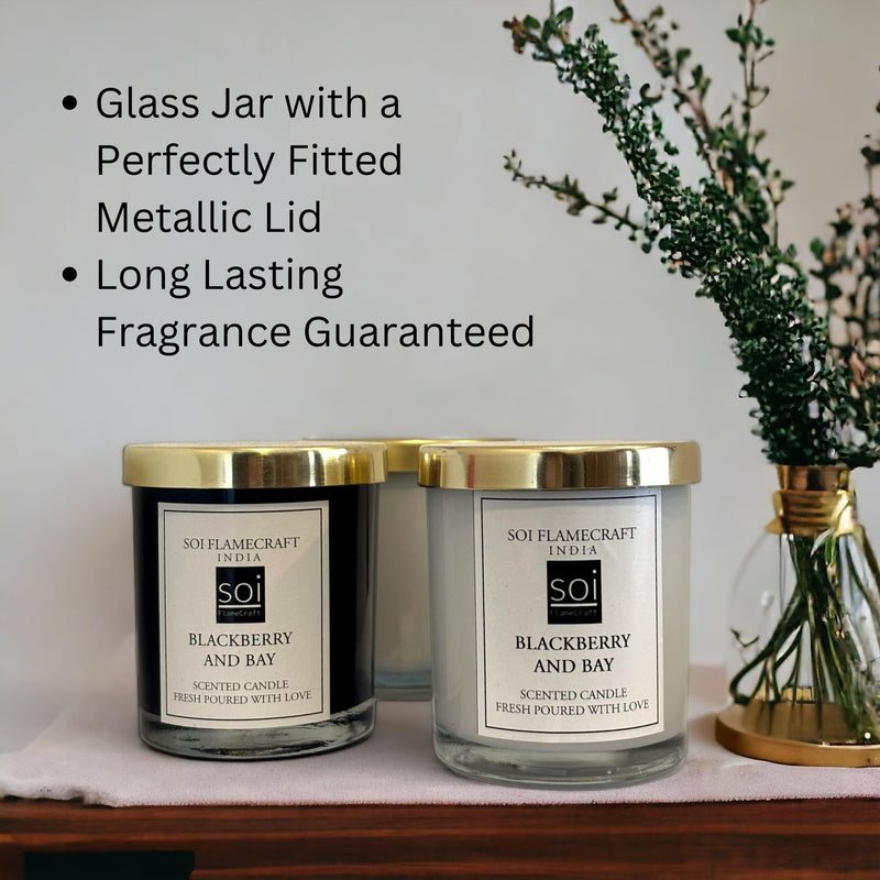 Soi Flamecraft Glass Jar with Metallic Lid Scented Candle| BlackBerry & Bay Fragrance | White Jar Soy Wax Candle | 45 hrs Long-Lasting Aroma | Ideal for Home Decor and Gifting