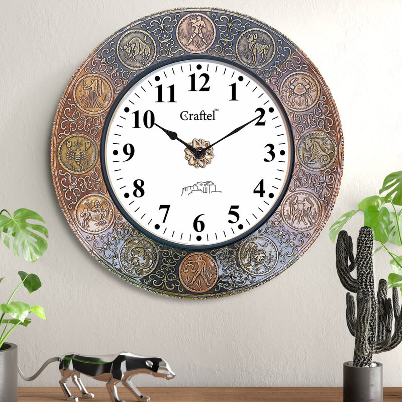 CRAFTEL Brass and Copper Zodiac Rashi English Dial Abstract Wall Clock for Bedroom Living Room and Home (Gold/Copper 18 x 18 inch)