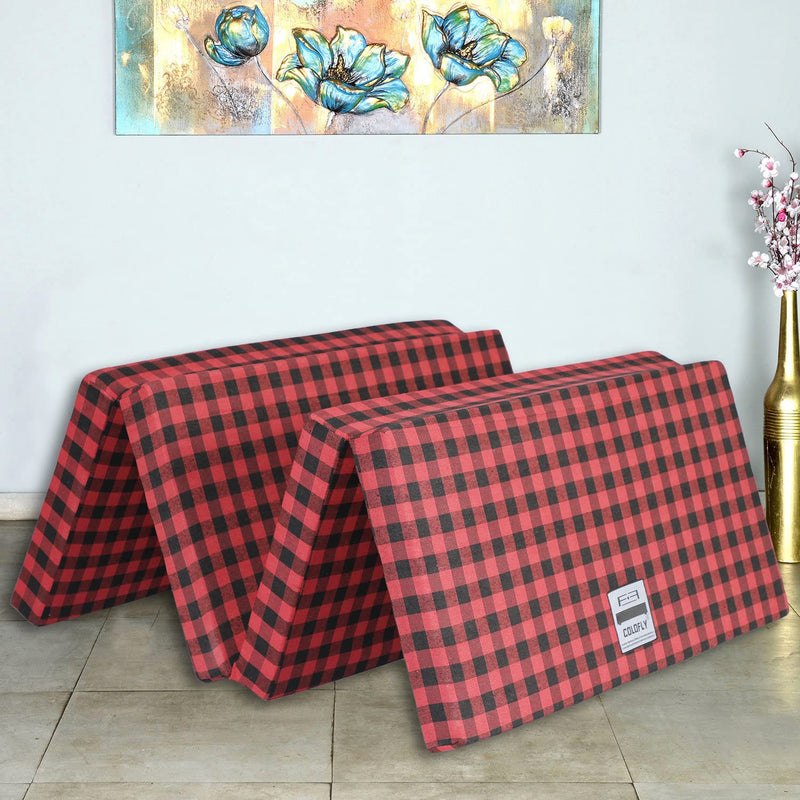 COLOFLY UHD Foam 3 Inch Dual Comfort Reversible Four Fold Single Bed Mattress Foldable Red & Black Gadda for Travel Picnic (72x35x3)