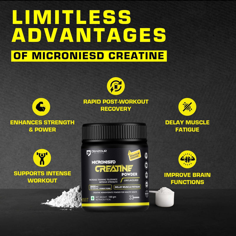 DENZOUR NUTRITION Pure Micronised Creatine Monohydrate Powder (100G, 33 Servings) | Lab Certified | Unflavoured | Fast Absorption | Enhance Strength, Fast Recovery & Increased Muscle | 3g Per Serve