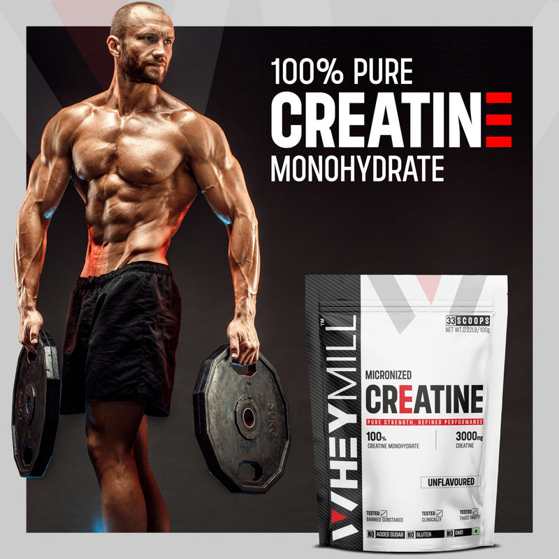 WHEYMILL Micronised Creatine Monohydrate | Lab Tested | Rapid Absorption | Fast Recovery | 100Gm, 33 Servings | Unflavoured, Powder