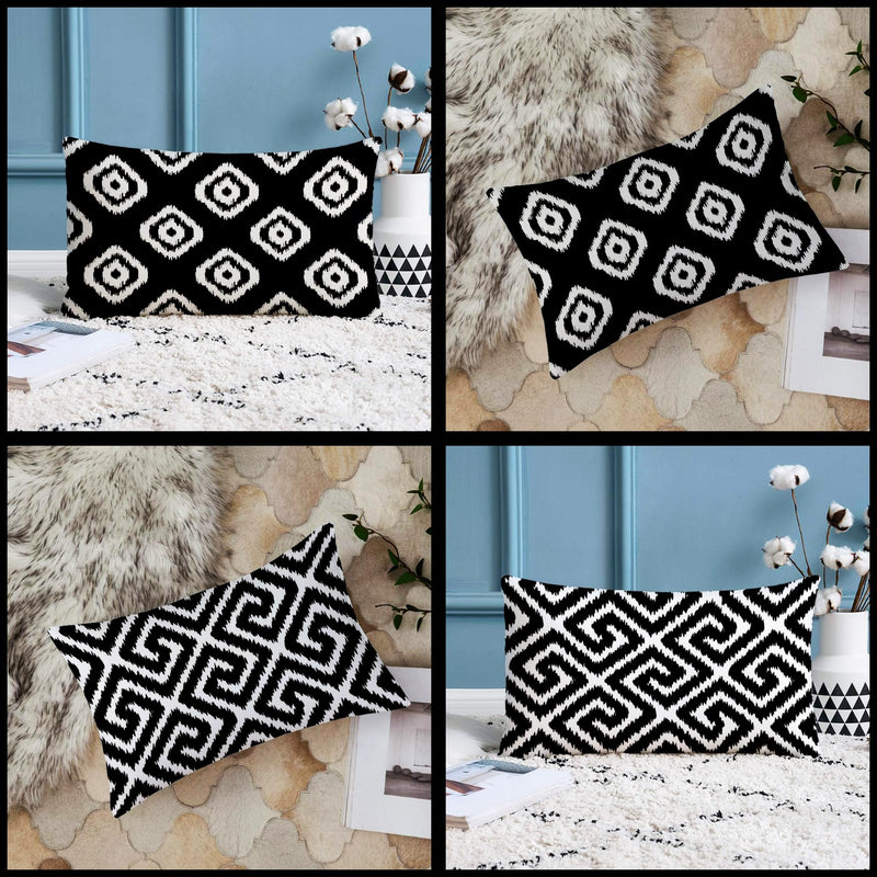 STITCHNEST Black Geometrical Ikat Ethnic Printed Poly Cotton Cushion Covers, Black Set of 2 (12 x 18 Inches)