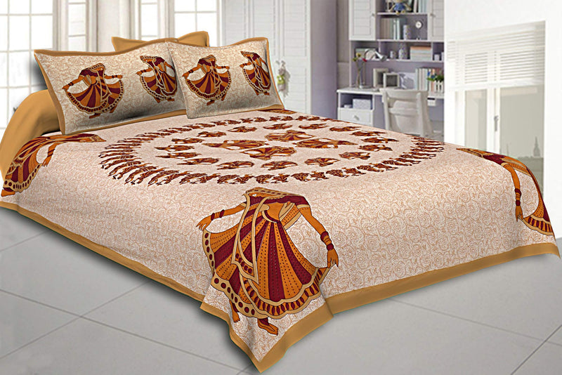 Jaipur Fabric 120 TC Cotton Double Printed Flat Bedsheet (Colour:- Brown)