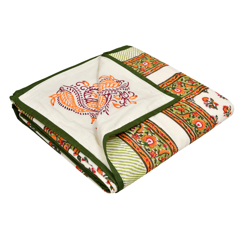 BLOCKS OF INDIA Hand Block Printed Cotton Single Size Reversible Malmal Dohar For Summer (Orange Buti), 300 TC