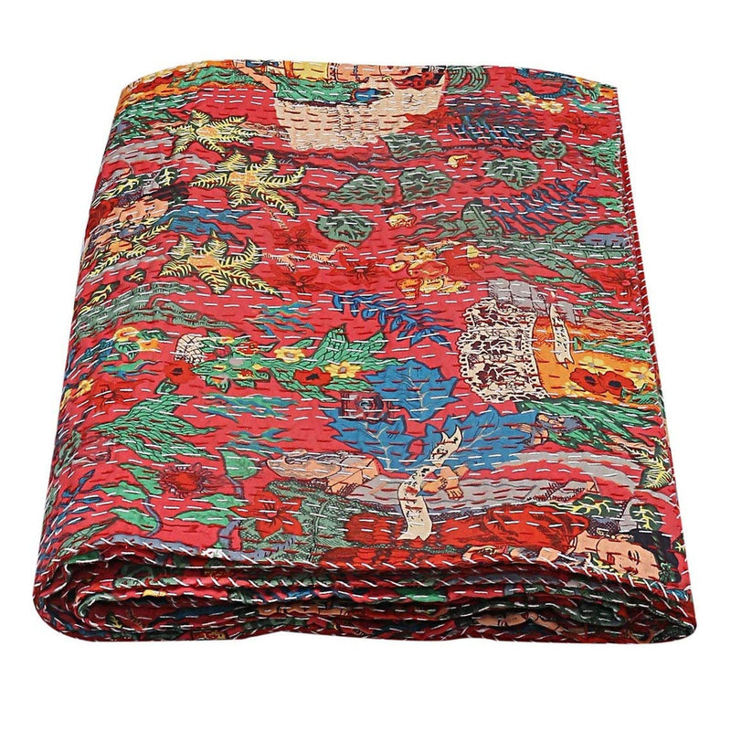 REGMESS Kantha Quilt Bed-Cover Throw and Cotton Blanket Twin Size-Kantha Quilt Handmade Singel