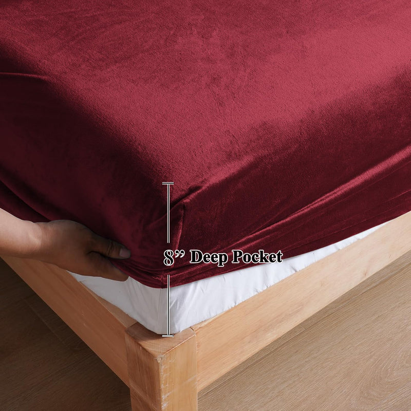 Cloth Fusion Warm Winter Solid Flannel Fleece Elastic Fitted Bedsheet for Double Bed King Size with 2 Pillow Covers (78"X72" inches, Maroon)