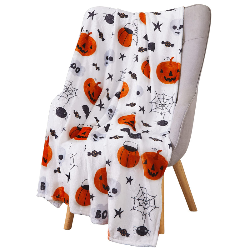 Serafina Home Halloween Blanket Throw: Fuzzy Boo! Jack O'Lantern Spider Webs Skull and Black Cats Print on Velvet Fleece for Sofa Bed Couch Chair Dorm