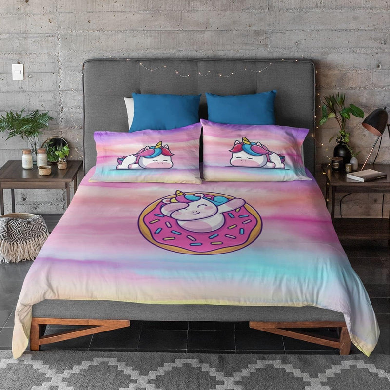 Hopcara Birthday Gifts Velvet Designer Kids Donut Unicorn Printed Double King Size Bedsheet (100x100 Inches/250CT) with 2 Matching Pillow Covers