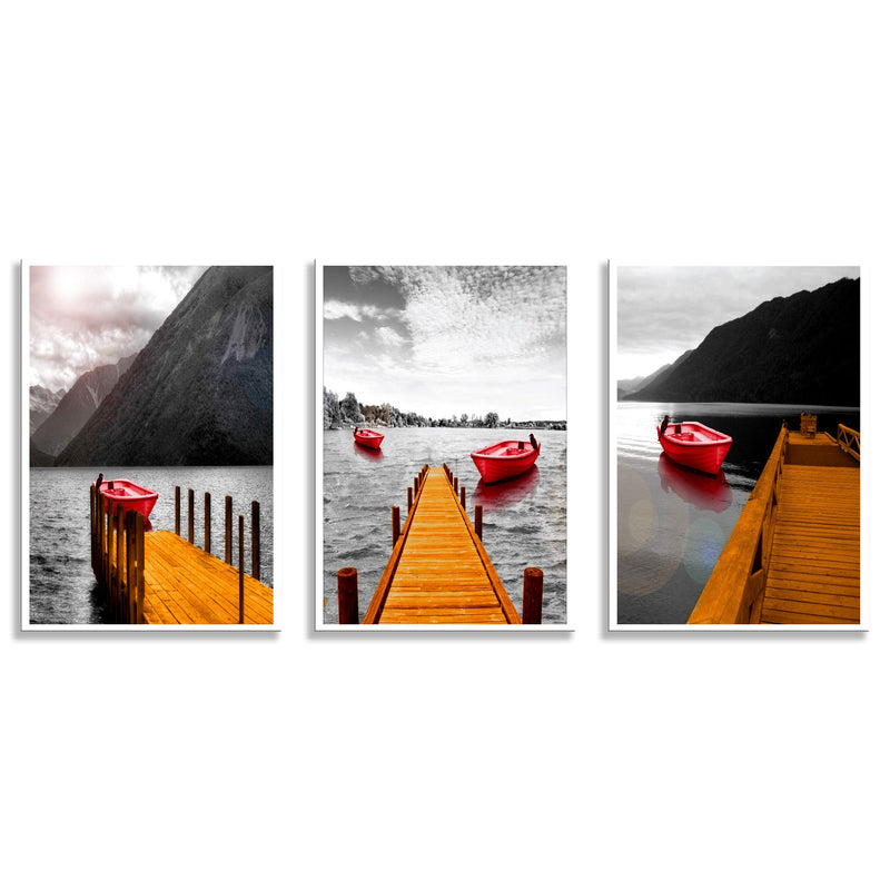 SAF paintings Set of 3 Water Bridge and Boat Modern Art Premium White Frame Painting For Wall Decoration, Bedroom, Paintings For living Room 31.5 inch x 13.5 inch,WHITEMX33589