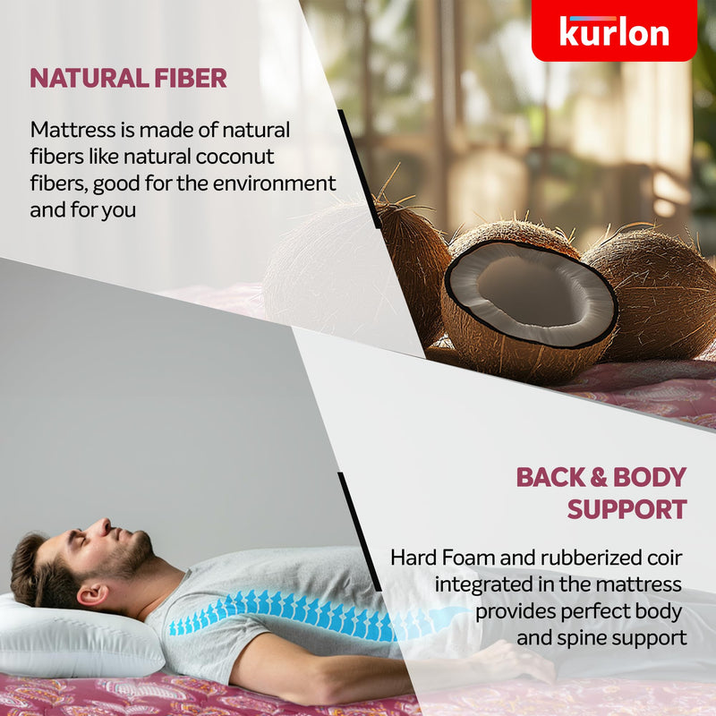 Kurlon Natural Coir Pad Mattress | Rubberized Coir | Breathable Fabric |Medium Firm Support| Natural Cooling | PU Foam Quilting | Premium Finish | King Size | 78x72x5 | 5 Yrs Warranty