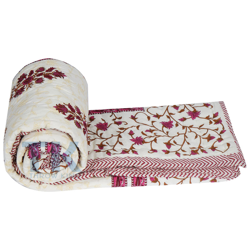 THROW KING World Famous Rajasthani Jaipuri razai Pure Cotton Single Bed Jaipuri Razai Soft AC Quilt/Razai/Rajai Floral Print,Jaipuri razai (90 x 60 inch) (Maroon)