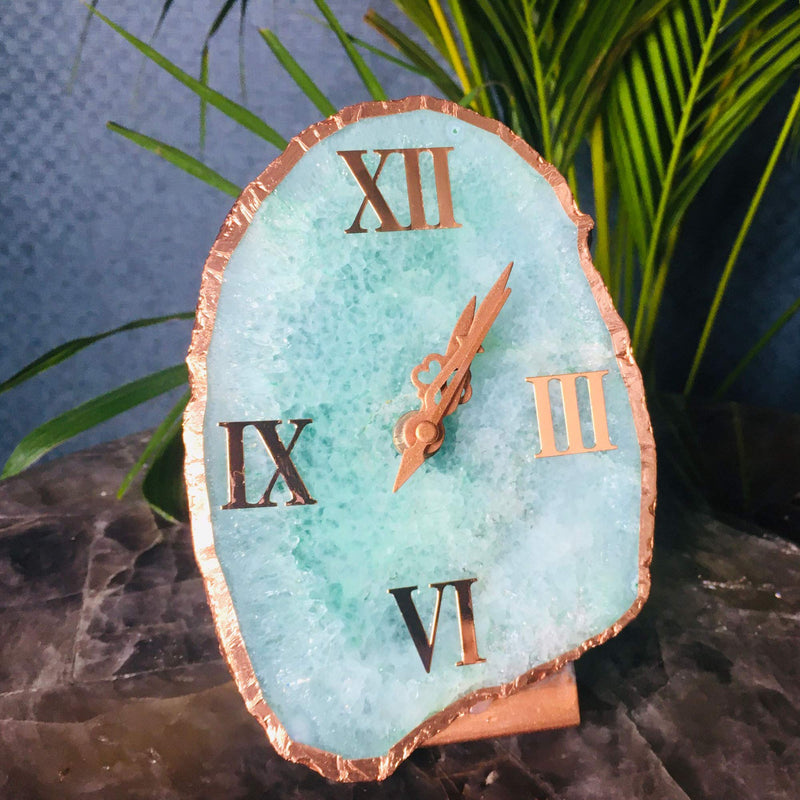 MARMEX Brand || Agate Table Clock in Natural Gemstone with Electroplated Copper Edge (Pure Green)