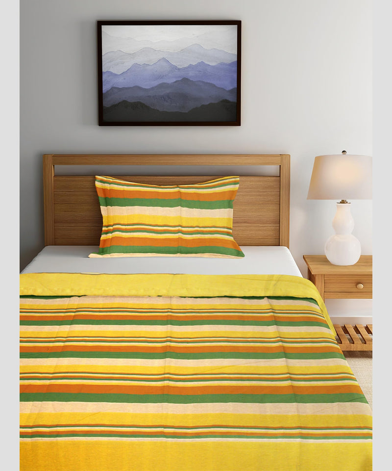 Saras Aajeevika|Handmade Cotton Single Bed Sheet|Yellow Green Line|310 GSM|Hand Block Print|Luxury Soft Sheets|90x60 inches|Yellow Green Line|0.668 Grm