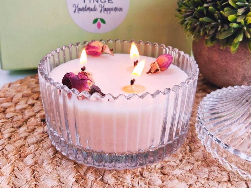 THE TINGE Hand Poured Smokeless Pure Elegance Soy Wax Rose Crystal Glass Jar Candle for Home Living Room Decor I Birthday Anniversary Gifting Scented Candle 20 Hours Burning Time