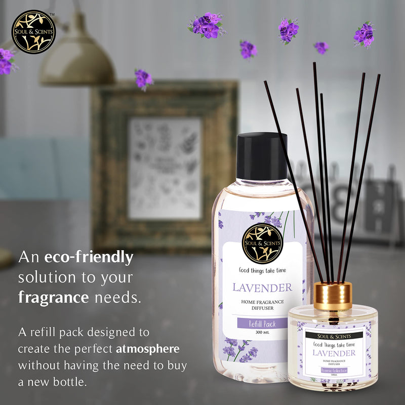 Soul & Scents Reed Diffuser Refill for Lavender Fragrance | Free 12 Fiber Reed Sticks | Long Lasting | Smoke Less Room Freshener for Home, Bedroom, Living Room & Office | 300ml